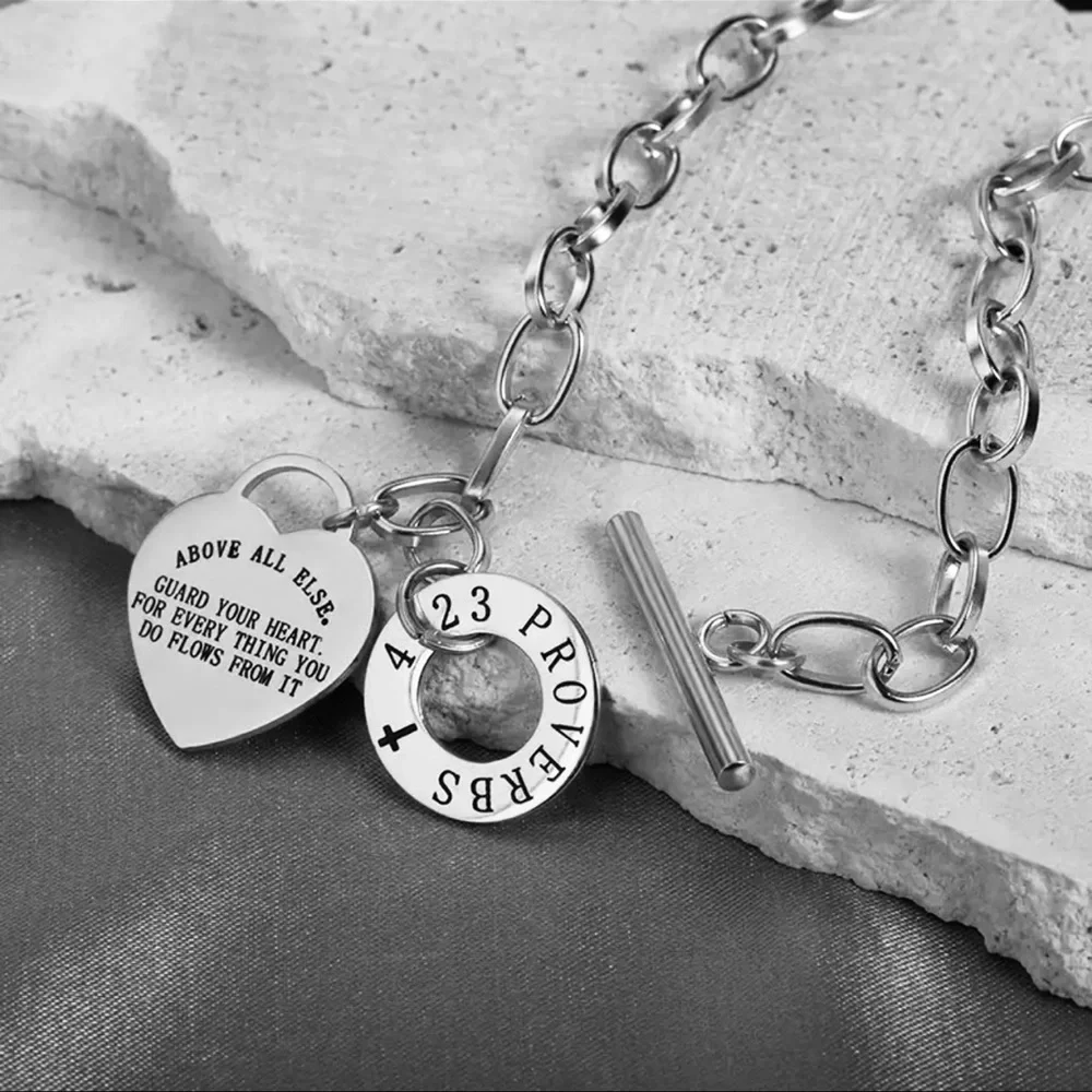 New Proverbs 4:23 Handmade 316L Stainless Steel Cross Heart Pendant Necklace